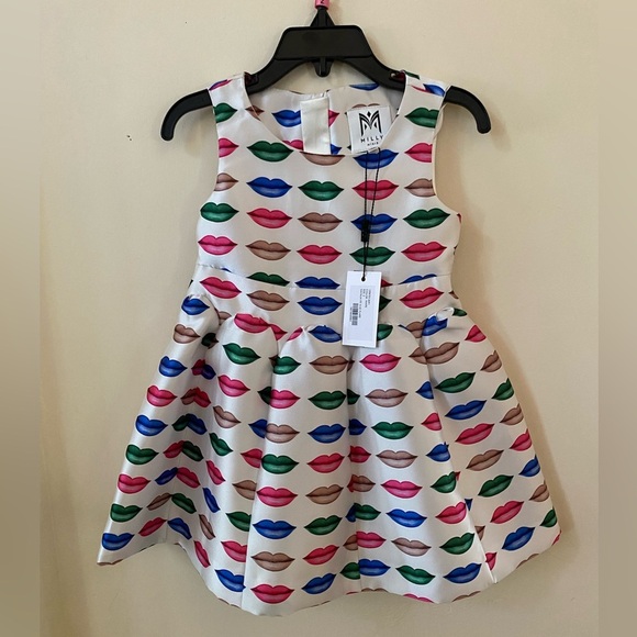 MILLY MINIS KIDS GIRLS MULTICOLOR LIP PRINT DRESS SIZE 2 NATALIA FIT AND FLARE - Picture 1 of 11